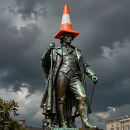 comic art by joshua middleton, majestic dark bronze statue of the duke of wellington, with an huge orange traffic cone on his head