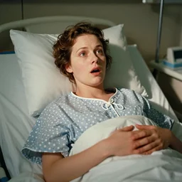 surprised woman who has given birth to an inflatable toy, in hospital bed, French film, archival footage, technicolor film expired film, 16mm