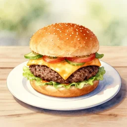 cheeseburguer, illustration, watercolor, dolly zoom, delicious, on a plate