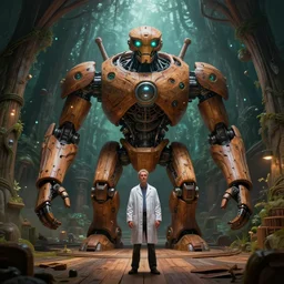 a bio engineer stands in front of a giant organic wooden mech in an orgainic wooden loading bay, solarpunk, organic bioluminescent lights, forest canopy understory, cinematic lighting, dark and moody, octane render, 3 d pixar disney digital cgi rtx hdr painting, highly detailed, artstation cgsociety masterpiece, by syd mead, greg rutkowski, wlop, art