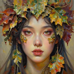 face closeup of beautiful girl in intricate detailed color oilpaint, 3 d render, hyper realistic detailed portrait, flocking color leaves, ornate leaves headpiece, intense colors, ruan jia, wlop. scifi, fantasy, hyper detailed, octane render, concept art, by peter mohrbacher, by alphonse mucha, by wlop, by ruan jia