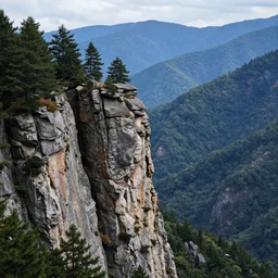 rocky cliff formation protrudes from the evergreen trees. blue hued mountains recede into the distance. a gorge separates the foreground from the background.