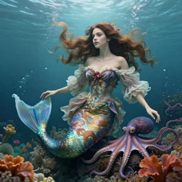 hyperrealistic photograph of a mermaid, underwater, a stunning beautiful georgia-era dress with brown long hair, abundant detail, octopusses and flower hyperrealistic character photography art by Annie Liebowitz, art by artgerm and greg rutkowski and alphonse mucha, rembrandtArtStation, concept art, octane render, trending on artstation, artstationHD, artstationHQ, unreal engine, 4k, 8k,