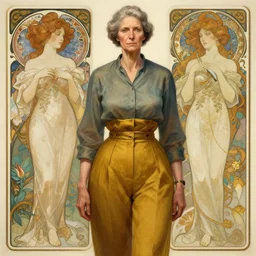 old and strict looking english teacher, woman with mustard pants with high waist, thrift, intricate, elegant, highly detailed, digital painting, artstation, concept art, smooth, sharp focus, illustration, art by krenz cushart and artem demura and alphonse mucha and tony sandoval