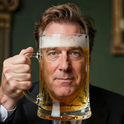 stephen colbert face in irish beer mug, 8 k, ultra realistic details