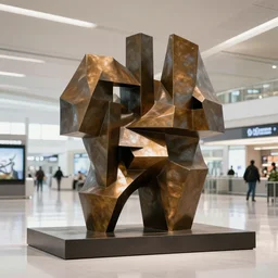 bronze abstract sculpture in an airport terminal, modern art, brutalism, geometrical shapes, simple shapes, octane render, in style of Mihailo Kalabic, by Kushagra Gupta,