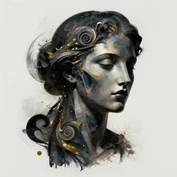 epic concept art. abstract female face silhouette mixing with black and color liquid fluid. abstract sculpture. art deco swirls. golden particles, houdini, vfx. masterpiece, michelangelo. concept art, matte painting. greg rutkowski, wlop, victo ngai, kandinski