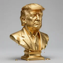 a gold bust of Donald Trump that is starting to melt with drips metal falling S 2616423175