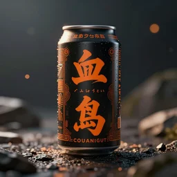 japanese futuristic can of alcohol design, kanji decals, black and orange colour palette, octane render, bokeh, depth of field, product shot