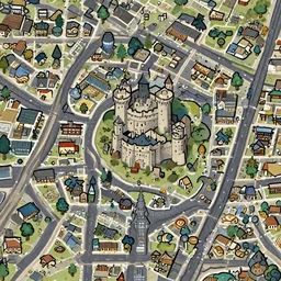 map of a fantasy city with a castle, a tempme and a market. very detailed.