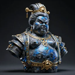 intricate holographic realistic bust sculpture of futuristic digital obese angry singaporean empress, stone and glass and gold, high contrast, blue and black, masterpiece