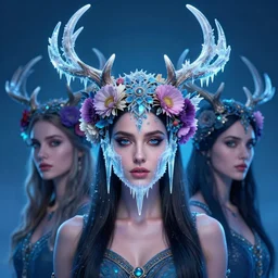 beautiful female character inspired by iceland and floral headdress angela sarafyan pagan wiccan viking antlers headdress icicles full face | | digital artwork made by greg rutswork, anna dittmann and lois van barlee, symmetrical neon light, anatomically correct