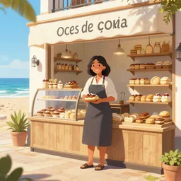 a peruvian woman living in a beach in spain working in a bakery shop, digital art, featured on artstation, octane render,