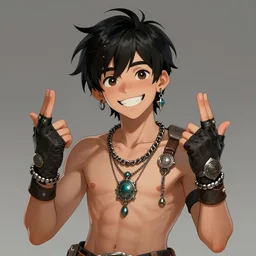 a boy with black hair dressed as a demigod with fingerless gloves, pendants, chains and jewelry and a big smile and friendly demeanor. Concept art. Trending on Artstation. By Ilya Repin, Meyoco.