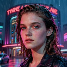 close up portrait of sean young as rachael tyrell in blade runner at tyrell headquarters photographed by annie leibovitz, artdeco, cyberpunk, colorful!, nighttime!, raining!