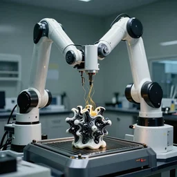 a complex bifurcated robotic cnc surgical arm hybrid 3 d printer machine making organic black and white ceramic kintsugi mandlebulb forms in the laboratory room, thin gold wire, film still from the movie directed by denis villeneuve with art direction by salvador dali, wide lens, f 3 2, cinematic lighting, studio quality, smooth render, unreal engine 5 rendered, octane rendered