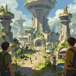 photo environement post futurist town center : 4, 4 k rtx hdr volume light concept studio matte painting environement digital illustration style art that looks like it is from borderlands and by feng zhu and loish and laurie greasley, victo ngai, andreas rocha, john harris by jesper ejsing, by rhads, makoto shinkai and lois van baar