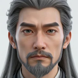 face closeup covered with 5 0 year old man, medium sized eyebrows, gren grey eyes, pale skin, grey beard, long grey hair, symmetric face, 3 d render, hyper - realistic detailed portrait, ruan jia, wlop