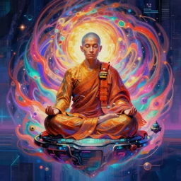 a floating monk meditating, channeling swirling energy, wearing cyberpunk clothing, vaporwave aesthetic, colorful, psychedelic, digital painting, artstation, concept art, smooth, sharp focus, illustration, art by artgerm and greg rutkowski and alphonse mucha