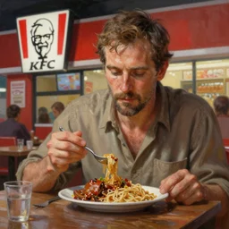 greg manchess oil matte portrait painting, kfc restaurant, peasants eating, wonderful masterpiece highly detailed, scifi, beautiful cinematic light deep focus, elegant, digital painting, smooth, sharp focus, golden ratio, dramatic illumination, ultra realistic, 4 k, art by greg rutkowski wlop rossdraws