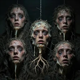 several portraits of human faces melt with big roots and small wire and strings, rotten, filth and grim, disgusting scaryflash photography, cinematic, dark, depressing