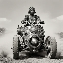 old vintage  photo of  African ancient shaman female  on the complex steam punk hooverboard with Jet engine,  extreme sports photography , dynamic photography,clean symmetrical face, high speed,dirt and grawel flying in the spot,  lens flares, dust in the air, dramatic lighting, intricate, highly detailed, centered, smooth, sharp focus,  sports photography, old photo, black and white, sepia, cinematic lighting, cinematic angle,  national geographic