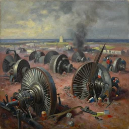 oil painting on necrotized skin canvas of 1 9 7 8 battle - panorama of macerated turbines, by alberto bontempi, by francesco blanc 1 9 7 1, richard m powers landscape, horror by enric torres, virgil finlay, by jack gaughan, simon bisley & boris vallejo, hyper realism, cinematical