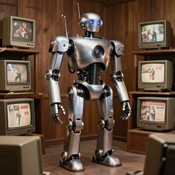 realistic photo of the robot made of steel, shiny and fancy, standing in the wooden room full of medieval computers. displays are shiny 1 9 9 0, life magazine reportage photo