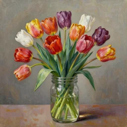 a beautiful oil painting of flower arrangement tulips in a glass mason jar, by Thomas Kinkade, 4K , intricate and detailed, trending on Artstation, behance,