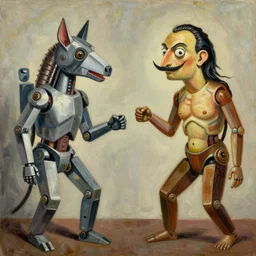Oil painting by Picasso. Two mechanical gods with animal faces having a conversation. Oil painting by Dali.