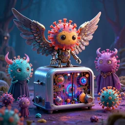 Cute Coronavirus Creatures, Infernal Nymph, The Graveyard, cinematic, hyper realism, high detail, octane render, unreal engine, 8k, vibrant color, Mechanical Angel, futuristic toaster with complex circuitry!, Potions for the modern adventurer!!, by dom qwek and andrea chiampo