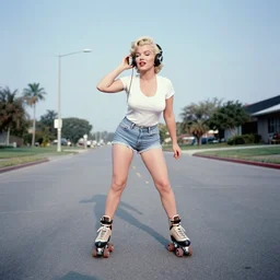 marilyn monroe rollerblading down the street and listening to a walkman with headphones on, kodachrome, wide angle
