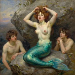 a mermaid siting on a rock, climbing her hair with her fingers, oil on canvas, artstation, by j. c. leyendecker and edmund blair leighton and charlie bowater, beautiful face, octane, very aesthetic!!!!!!!!!!!!!!!