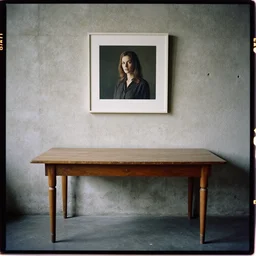 kodak portra 4 0 0, 8 k, highly detailed, britt marling style, award winning colour still - life portrait of a large room, a rough concrete wall, a square wall picture is leaning on the wall, a 1 9 5 0 s table, a 1 9 5 0 s table