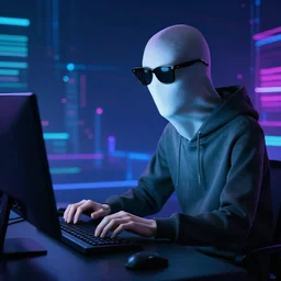 faceless slenderman typing on computer with sunglasses, synthwave background, exploitable image, stock photography