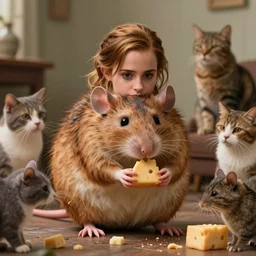 9 8, photo, emma watson as anthropomorphic furry - rat, 3 7 4 9 1, she is a real huge fat rat with rat body, cats! are around, eating cheese, highly detailed, intricate details