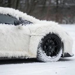 a sports car covered in long white fur
