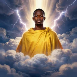 upper half portrait of an african in yellow cape - inside a group of clouds - surrounded by bolts of lightning with rays of light emanating from clouds - in drew struzan movie poster style, art by drew struzan & hsiao - ron cheng, highly detailed, digital painting, ray tracing, illustration, smooth, sharp focus, intricate, symmetry, artstation,