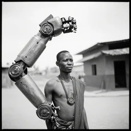 an analogue photo of a Tribal Igbo man with a giant robotic arm, black & white, 35mm, f/1.4,