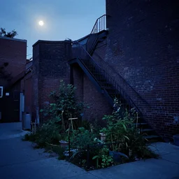 small overgrown urban garden at twilight in Montreal backalley, brick wall, metal staircase, overcast sky, moonlight, volumetric lighting, cell-shading, blue and black color scheme