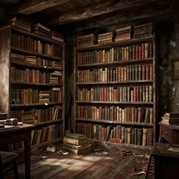 old decrepit attic filled with bookshelves by Greg Rutkowski, ArtStation, CGSociety, ultra realistic, ray tracing, 3d render, HDR, Unreal Engine