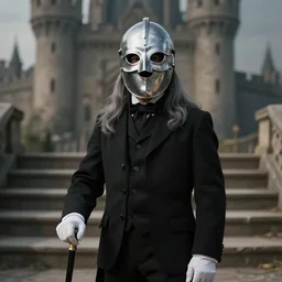 portrait painting of a 3 0 years old male, wearing a silver full - covered iron mask, grey long hair, in black suits, a cane, white gloves, background is castle and steps unreal render cinematic lighting art 1 9 2 0 period drama by bussiere rutkowski andreas rocha