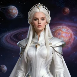 a science fiction portrait of the powerful empress of the solar system in the style of anna dittmann and in the style of kim jung gi. glowing, ornate and intricate linework, stunning, dynamic lighting, ultrafine and hyperdetailed.
