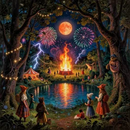 a night carnival around a magical tree cavity with a rounded scenario burning in colored flames and fireworks, with a surreal orange moonlight, next to a lake with iridiscent water, christmas lights, volumetric lightning, folklore people disguised as fantastic creatures in a magical forest by summer night, masterpiece painted by joachim beuckelaer, scene by night, dark night environment, refraction lights, glares