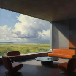 a futuristic minimalist lounge room with a big window opening up to a wide open meadow with billowing clouds in the sky. highly detailed science fiction painting by norman rockwell, frank frazetta, and syd mead. rich colors, high contrast, gloomy atmosphere. trending on artstation.