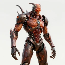 technodemon demon cyborg, organic and robotic, burning skin, metal parts, hyper rendered, concept art, realistic game art