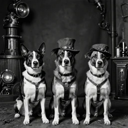 black and white vintage portrait of a ragtag team of three dogs as a crew of thieves in a dark steampunk setting