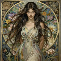 facial portrait of a young pretty woman in flowing dress, arrogant, mysterious, long fine flowing hair, delicate, looking at camera, slightly awkward smile, realistic face, hands behind back, stylish, elegant, grimdark fantasy, flowers, art nouveau, extremely detailed painting inspired by Gerald Brom and Ernst Haeckel and Kaluta