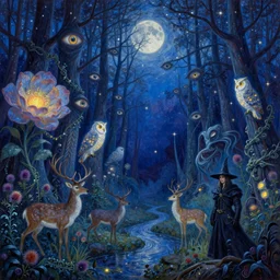 painterly dreamy Kupala Night in the blue forest with trees which have eyes, giant flowers, glowing owls, deers, lianas, thistles, giant fantasy creatures, a stream and sky with moon and stars by Alphonse Mucha, Artgerm, Alex Grey, Aron Wiesenfeld and Giger dark fantasy, witcher, very detailed oil painting in the alla prima style, masterpiece, 8k