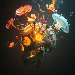 3 d render of. beautiful giant flowers and sprouts with thorns sprout through a structured disassembled human skull. energy flows of fire and water. fantastic burning jellyfish bioluminiscent, intricate artwork by tooth wu and wlop and beeple. octane render, trending on artstation, greg rutkowski very coherent symmetrical artwork. cinematic, hyper realism, high detail, octane render, 8 k